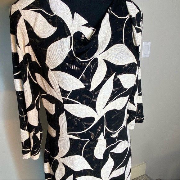 JOSEPH RIBKOFF Black White Floral Metallic Gold Dress Cowl Neck Cocktail Size 8 - Picture 5 of 9